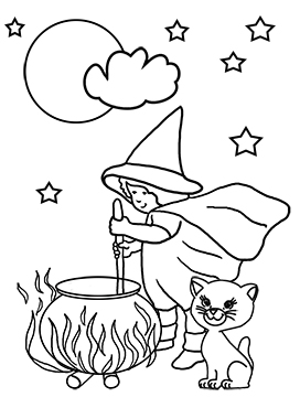 small witch with cauldron and cat and moon