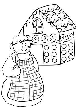 snowwoman and gingerbread house coloring
