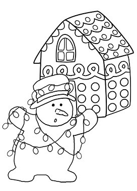 snowman and gingerbread house coloring page