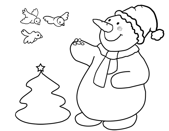 Snowman drawing feeding birds