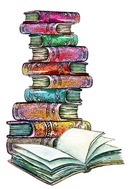 stack of colorful books and open book