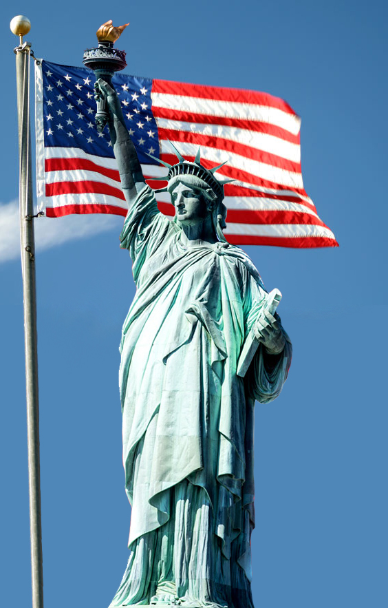 statue of liberty and flag