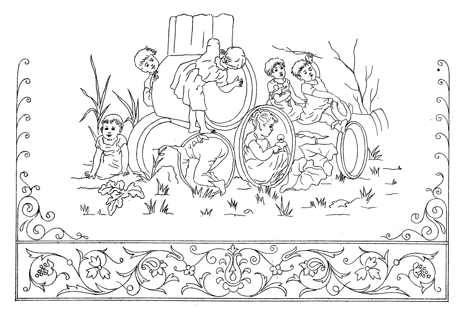 old coloring page with Victorian children playing outdoor