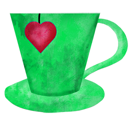 green tea cup with red heart tea bag