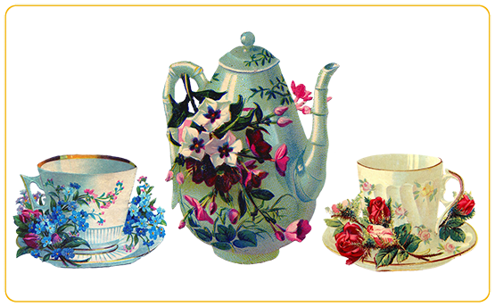 tea pot tea cups flowers