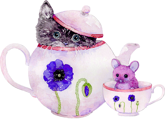 tea set with cat and mouse watercolor