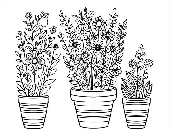 flowerpots with spring flowers for coloring