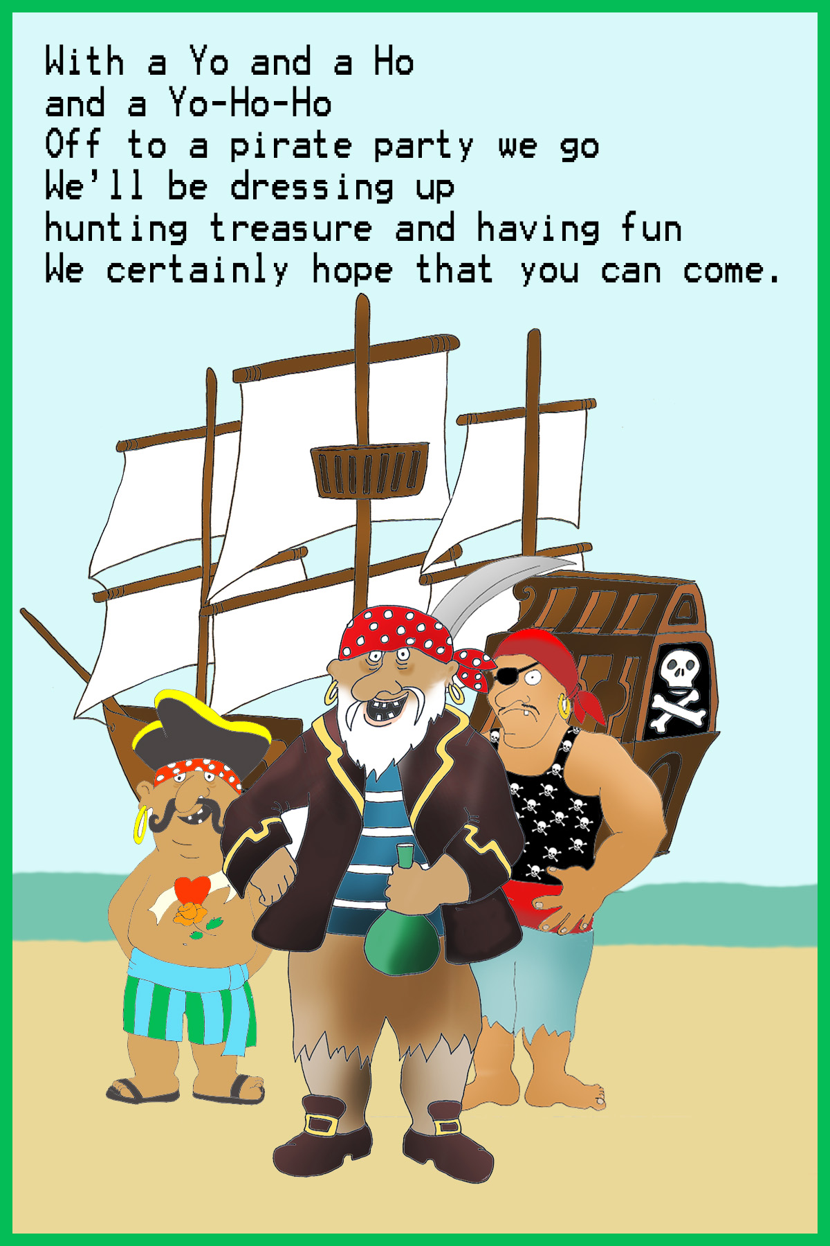 three pirate and a pirate ship invitation