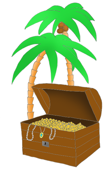pirate treasure chest and palm treese