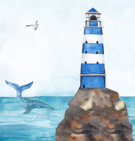 watercolor lighthouse and whale