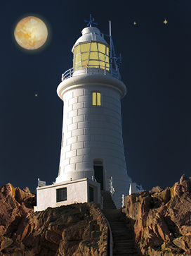 white lighthouse at night moon