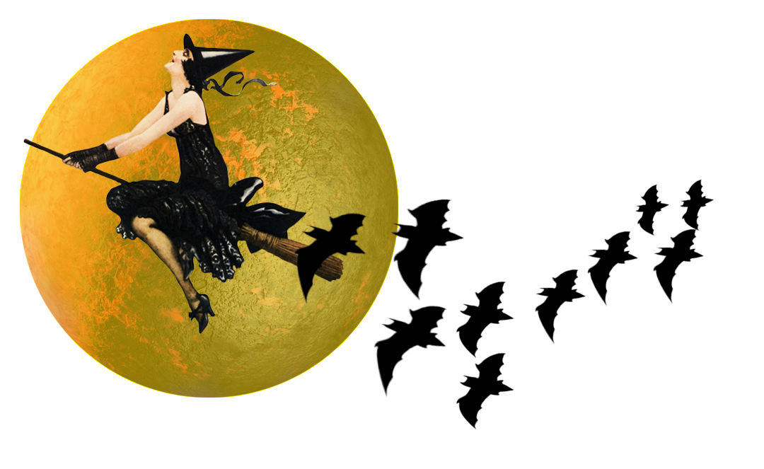 Vintage witch flying past the moon on broomstick