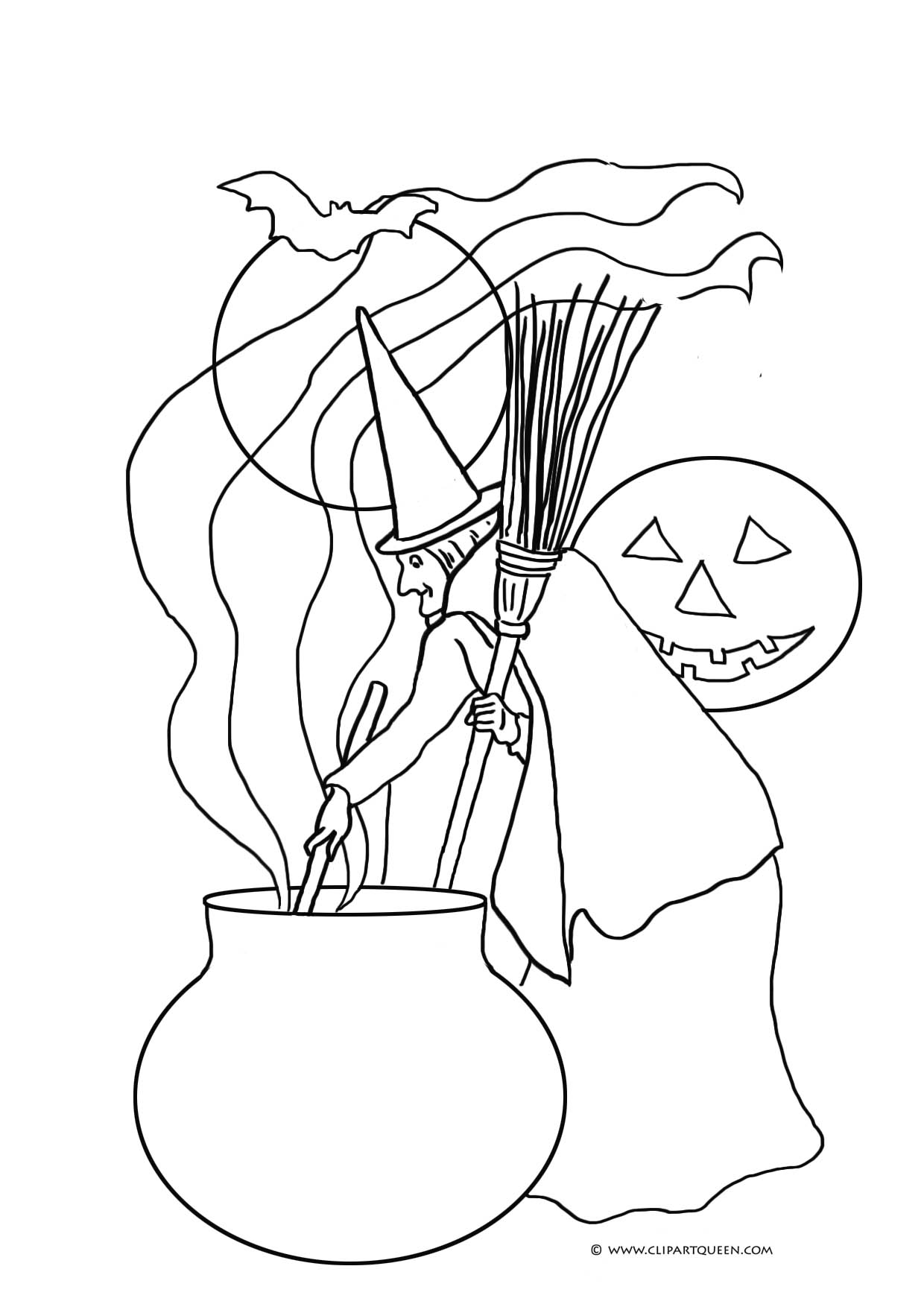 witch with cauldron moon and broom