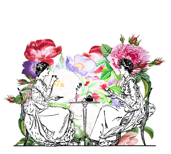 women drinking tea flowers vintage clipart