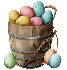 wooden bucket with colored Easter eggs