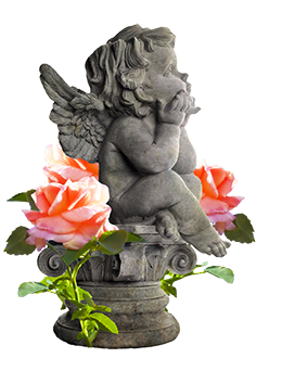 garden angel statue pink roses