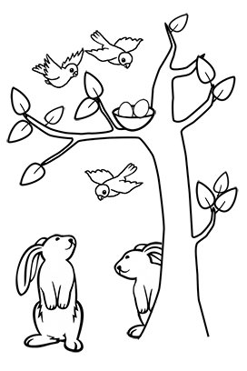 spring coloring bunnies and birds
