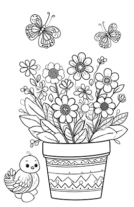 spring coloring page flowerpot bird eggs