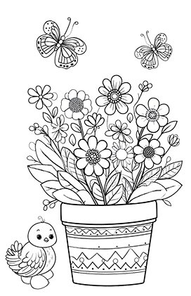 spring coloring page flowerpot bird eggs