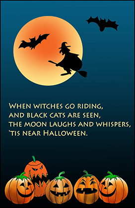 Halloween card moon bats witches pumpkins