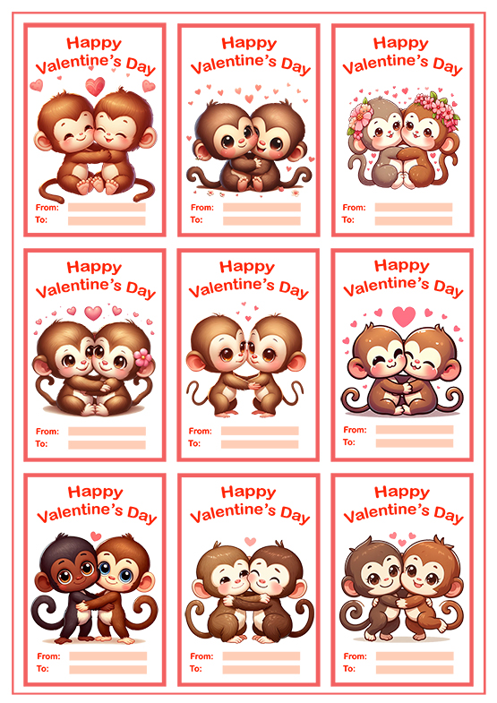 children's Valentine cards with monkeys
