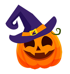 funny pumpkin with Halloween witch hat
