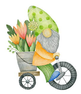 garden gnome on bike with flowers