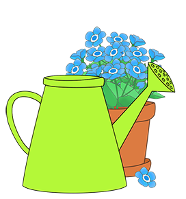 green water can blue flower flowerpot