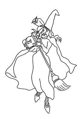 Halloween witch coloring page broom pumpkin