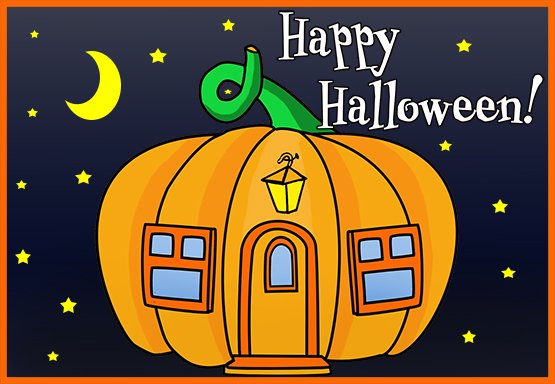 A Happy Halloween card with pumpkin house