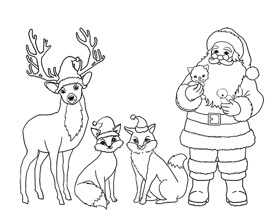 Free Christmas coloring page with Santa and animals
