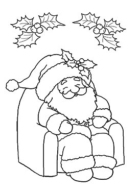 Santa in chair with holly for coloring