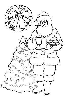 Santa coloring page tree wreath cocoa