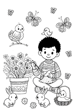 coloring page boy with spring animals