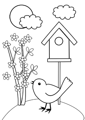 spring coloring page birdhouse bird tree
