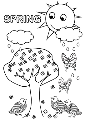 spring coloring page to print with sun and clouds