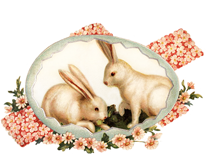 two Easter bunnies with egg and cross of flowers