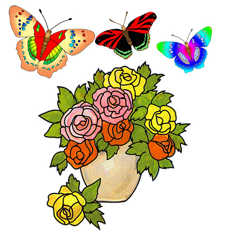 vase with flowers and butterflies