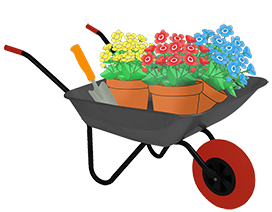wheelbarrow with flowerpots