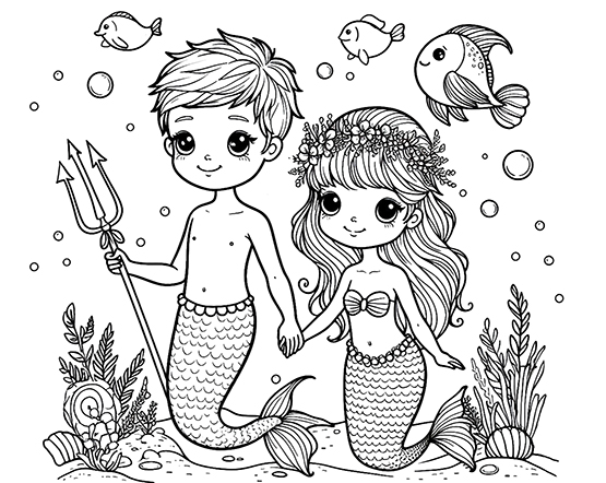 young merman and young mermaid coloring page